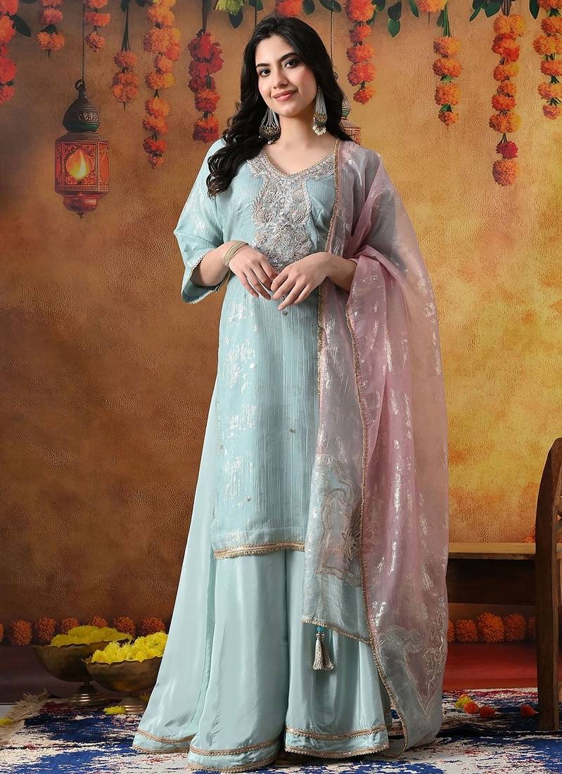 Sky blue organza embroidered sharara set