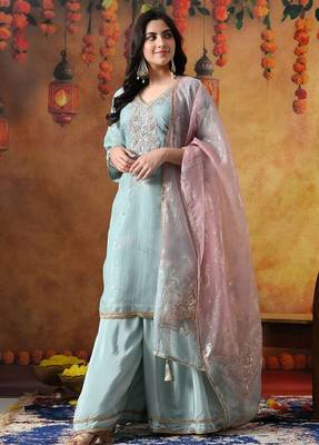 Sky blue organza embroidered sharara set 2