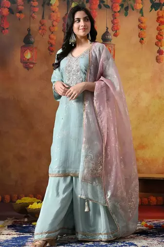 Sky blue organza embroidered sharara set