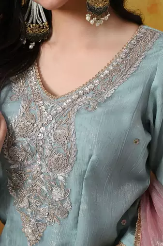 Sky blue organza embroidered sharara set