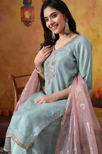 Sky blue organza embroidered sharara set