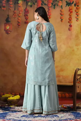 Sky blue organza embroidered sharara set