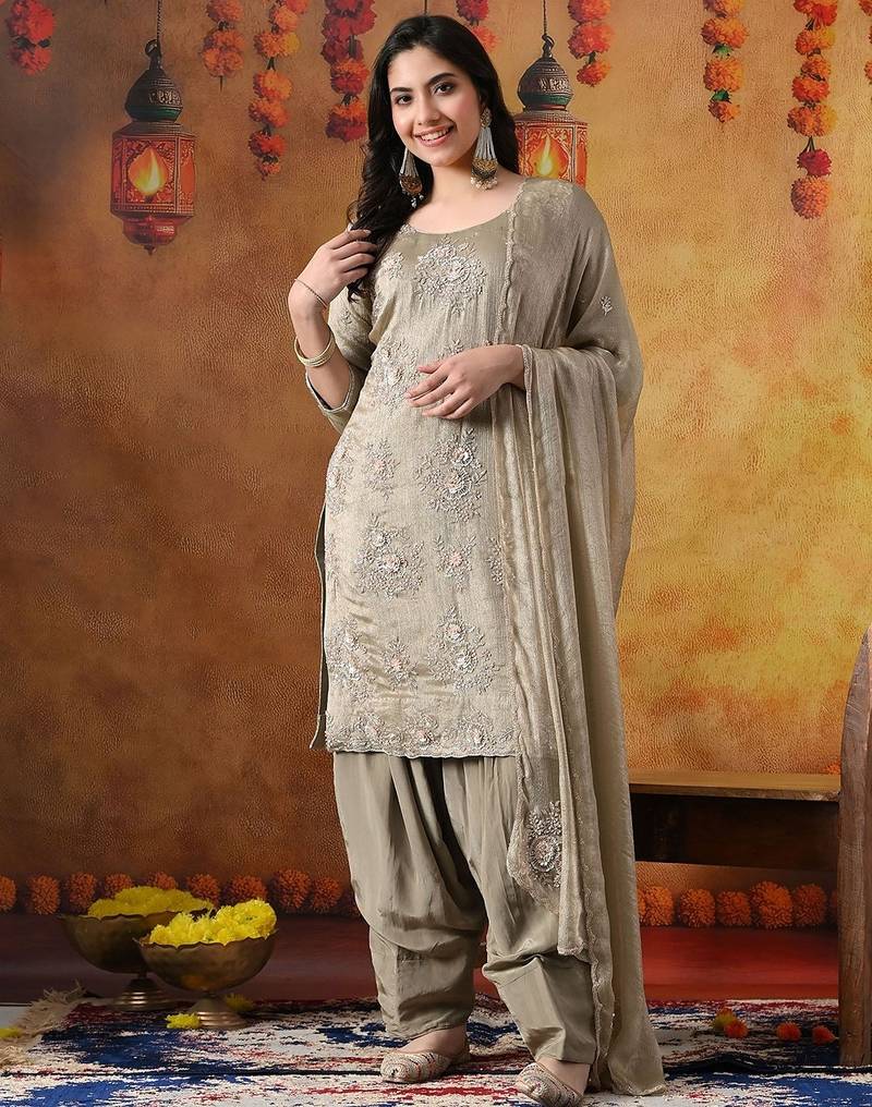 Grey tissue plain kurta set