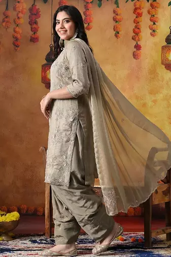 Grey tissue plain kurta set