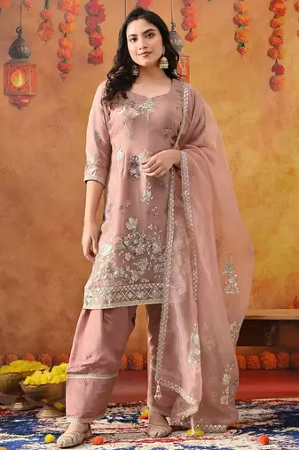 Dark peach organza embroidered kurta set