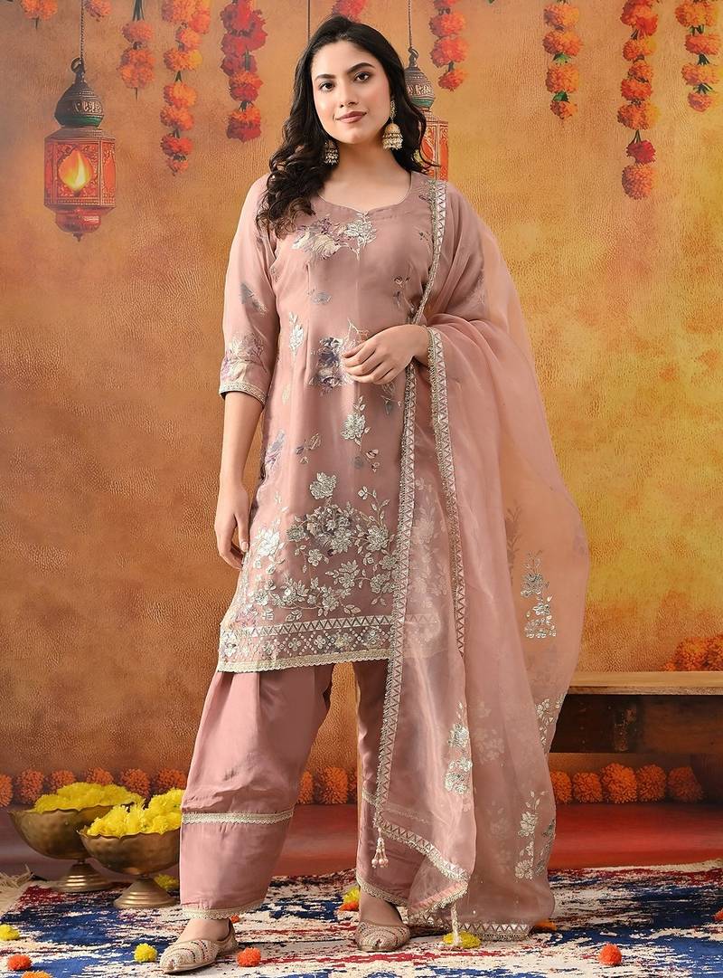 Dark peach organza embroidered kurta set
