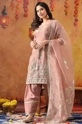 Dark peach organza embroidered kurta set