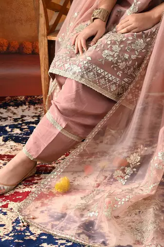 Dark peach organza embroidered kurta set