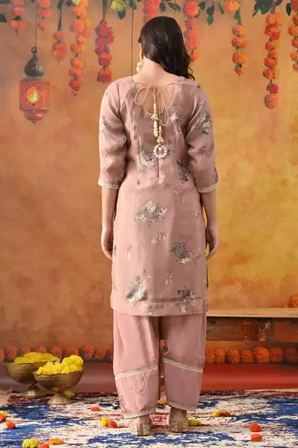 Dark peach organza embroidered kurta set