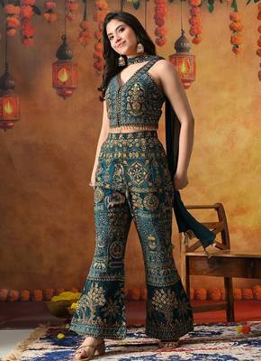 Sea blue crepe embroidered indo western 1