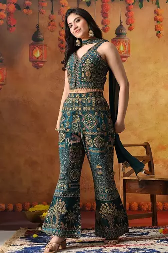 Sea blue crepe embroidered indo western
