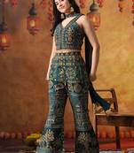 Sea blue crepe embroidered indo western