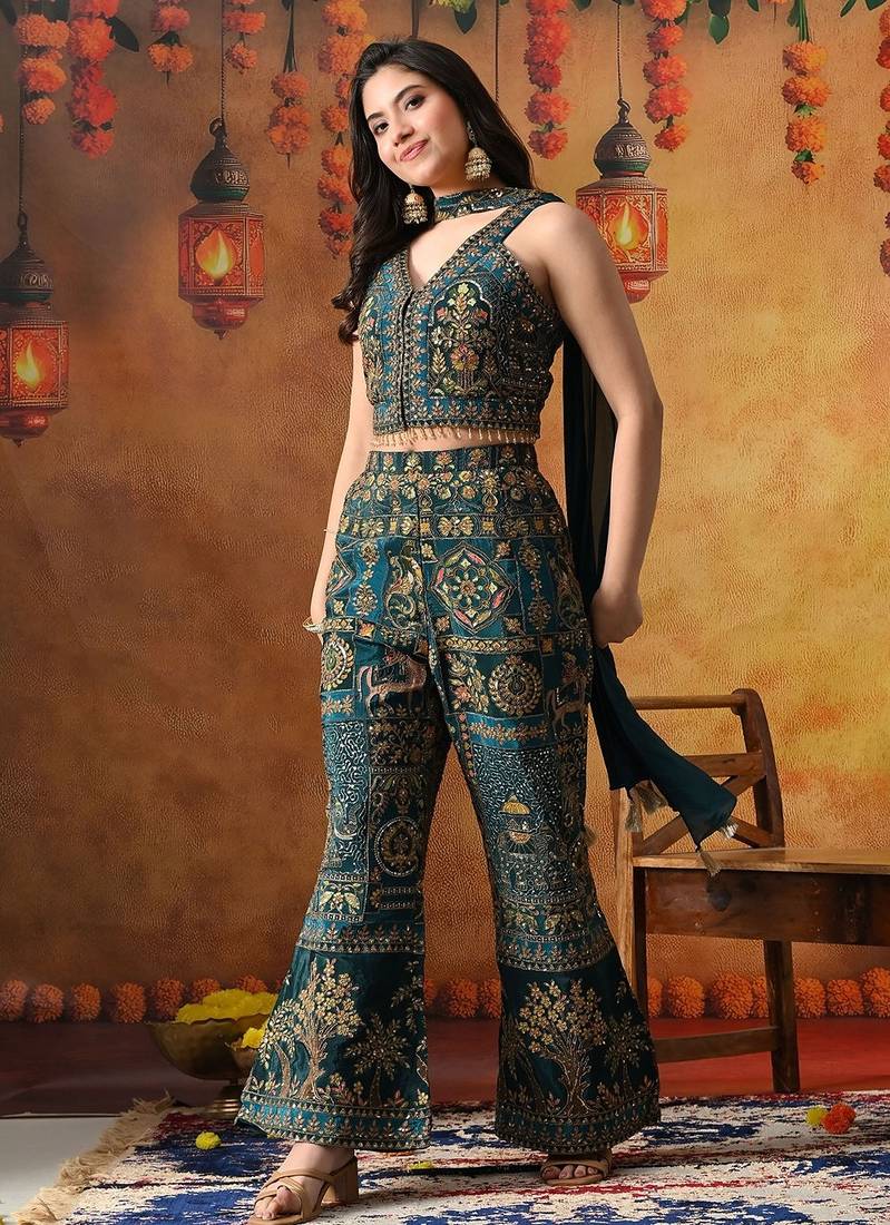 Sea blue crepe embroidered indo western