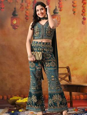 Sea blue crepe embroidered indo western 2
