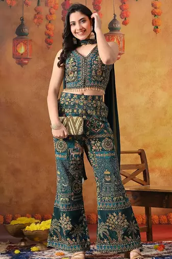 Sea blue crepe embroidered indo western