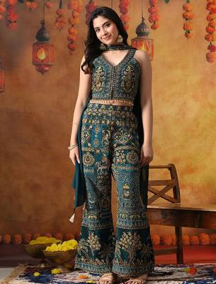 Sea blue crepe embroidered indo western 4