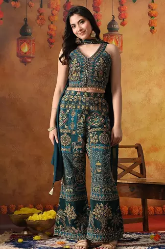 Sea blue crepe embroidered indo western