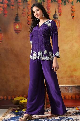 Purple crepe plain indo western