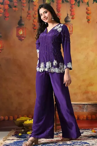 Purple crepe plain indo western