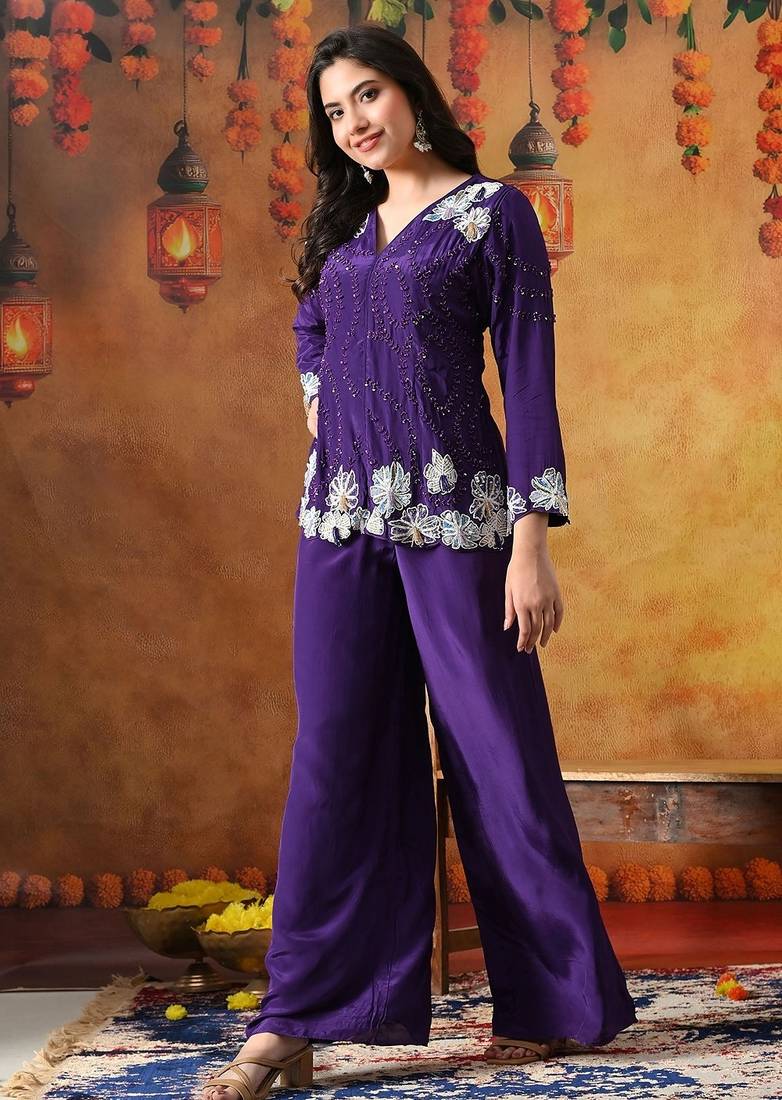 Purple crepe plain indo western