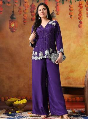 Purple crepe plain indo western 2