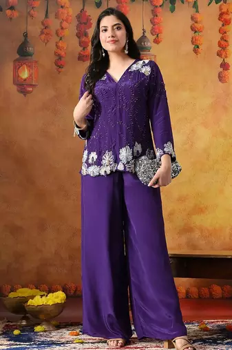 Purple crepe plain indo western