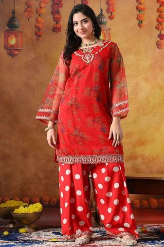 Red organza embroidered kurta set