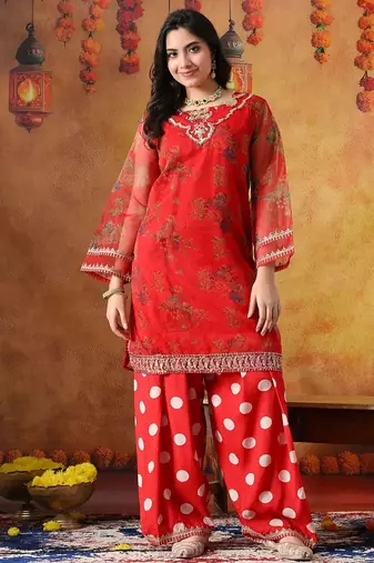 Red organza embroidered kurta set