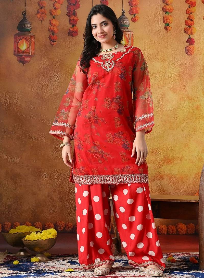 Red organza embroidered kurta set