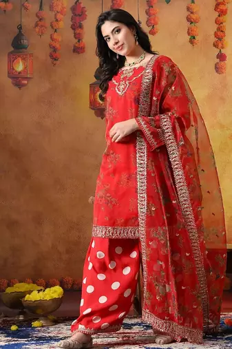 Red organza embroidered kurta set