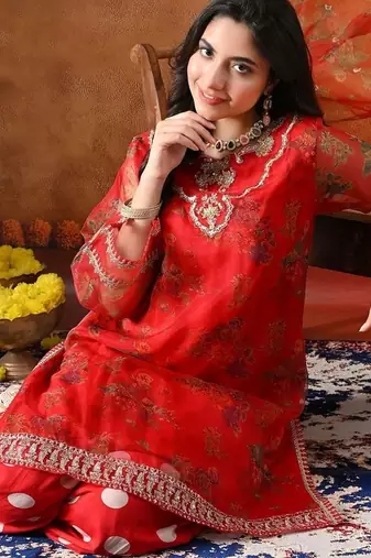 Red organza embroidered kurta set