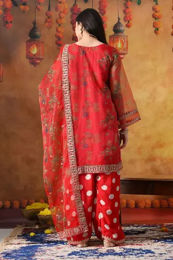 Red organza embroidered kurta set