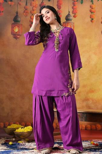 Purple cotton embroidered kurta set