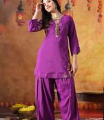 Purple cotton embroidered kurta set