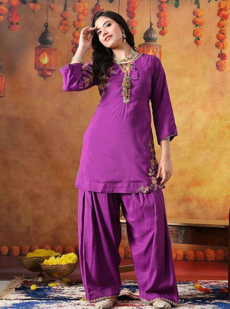 Purple cotton embroidered kurta set