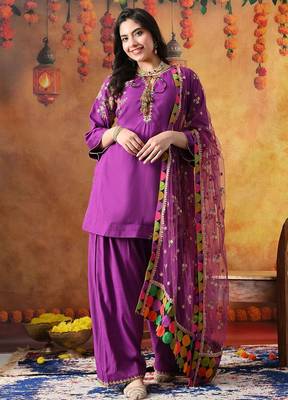 Purple cotton embroidered kurta set 2