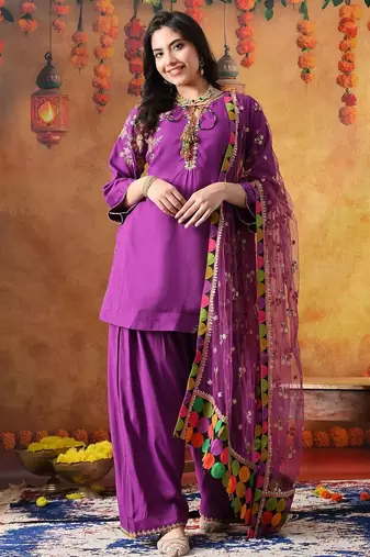 Purple cotton embroidered kurta set