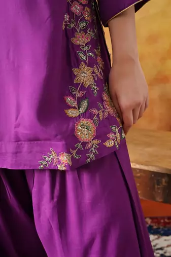 Purple cotton embroidered kurta set
