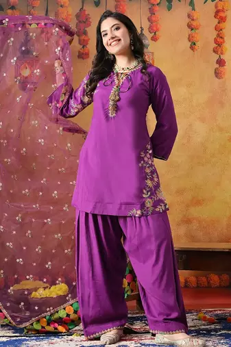 Purple cotton embroidered kurta set