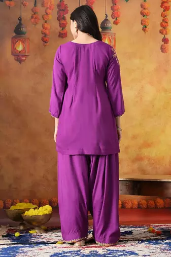 Purple cotton embroidered kurta set