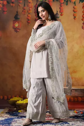 Light pink cotton embroidered kurta set