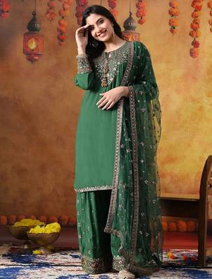 Green cotton embroidered kurta set 1