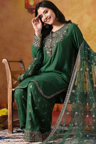 Green cotton embroidered kurta set