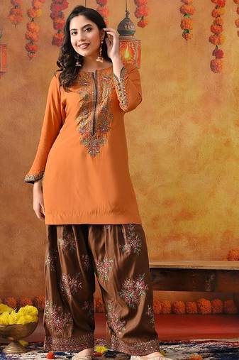 Orange silk embroidered kurta set