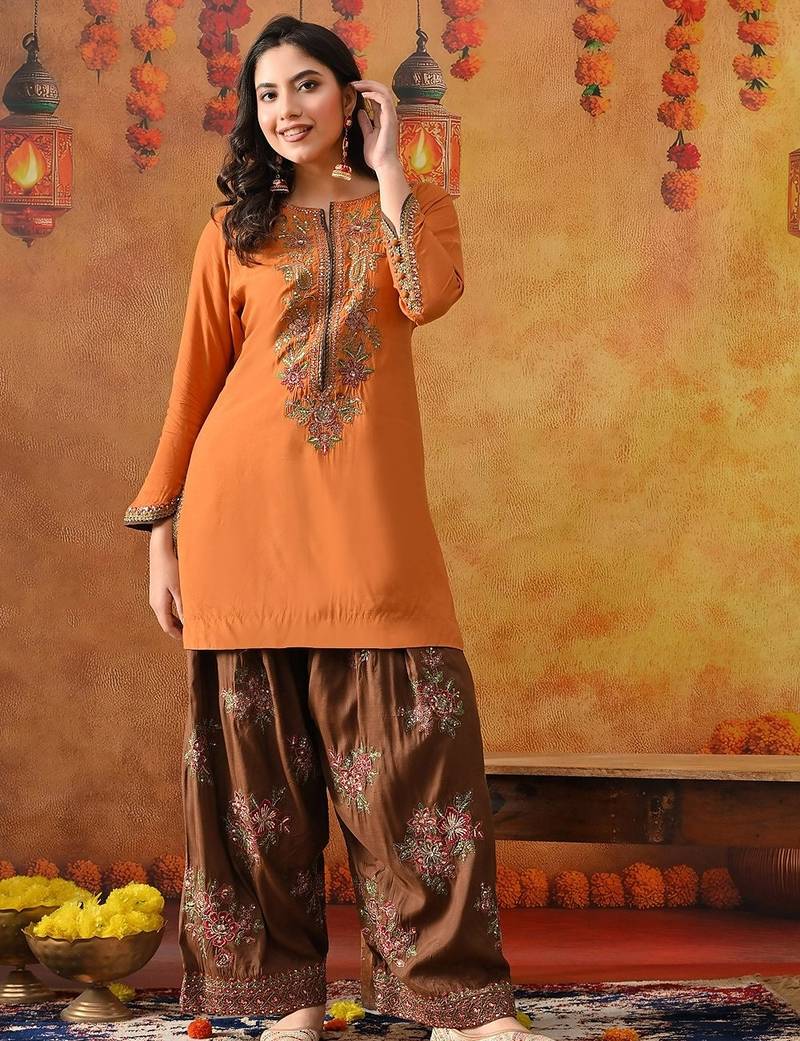 Orange silk embroidered kurta set