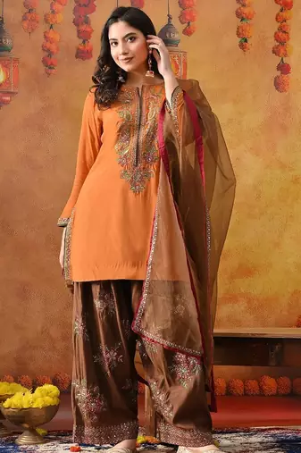 Orange silk embroidered kurta set
