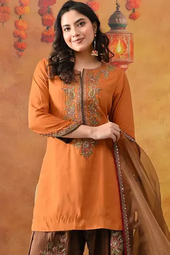 Orange silk embroidered kurta set