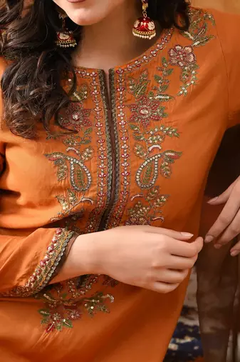 Orange silk embroidered kurta set