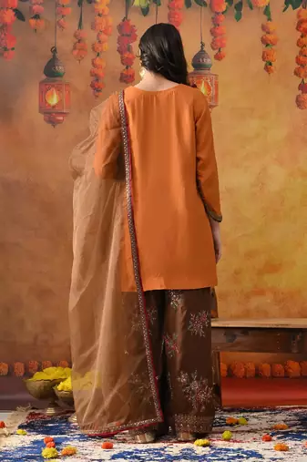 Orange silk embroidered kurta set