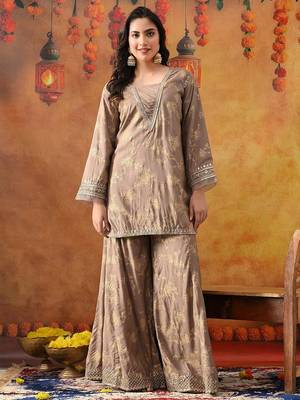 Wood brown cotton embroidered sharara set 1